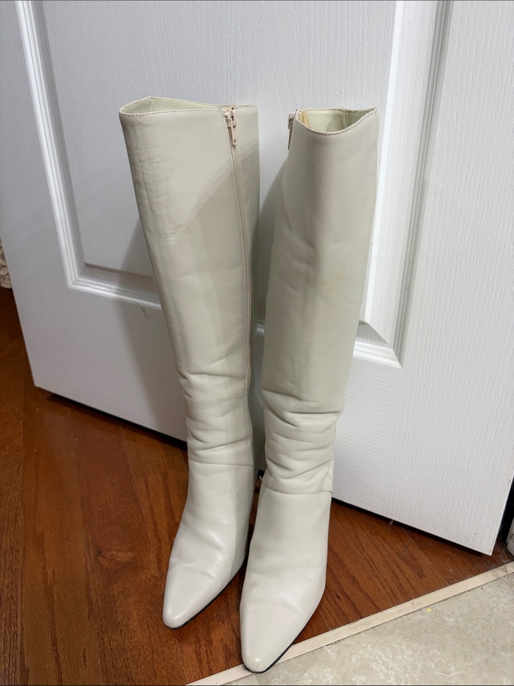 Newport News Cream Knee-High Pointed Toe Heeled Boots